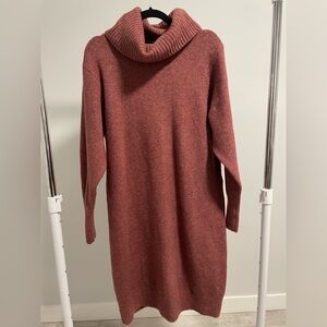 Uniqlo Women’s Cowl Neck Wool Sweater Dress Midi Size Large Pink Long Sleeve